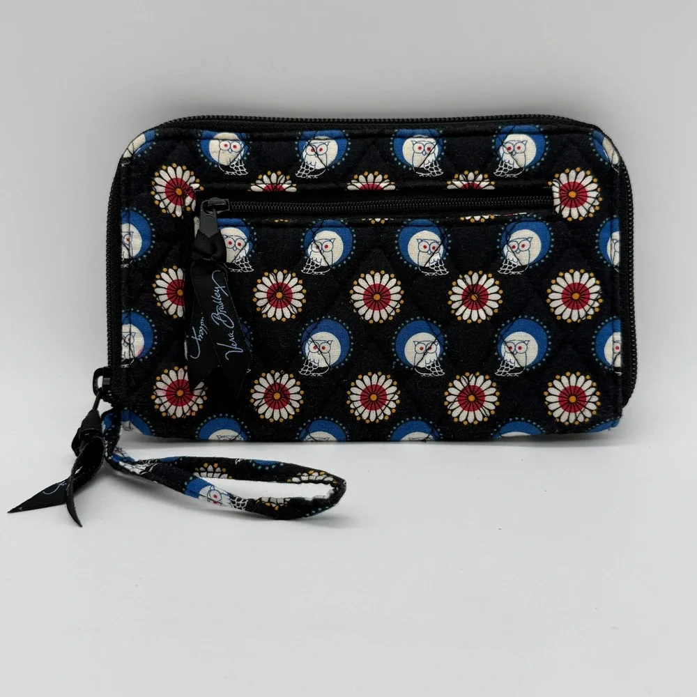 Vera Bradley Wristlet Wallet Women Black Night Day Owl Floral Quilted Zip Around